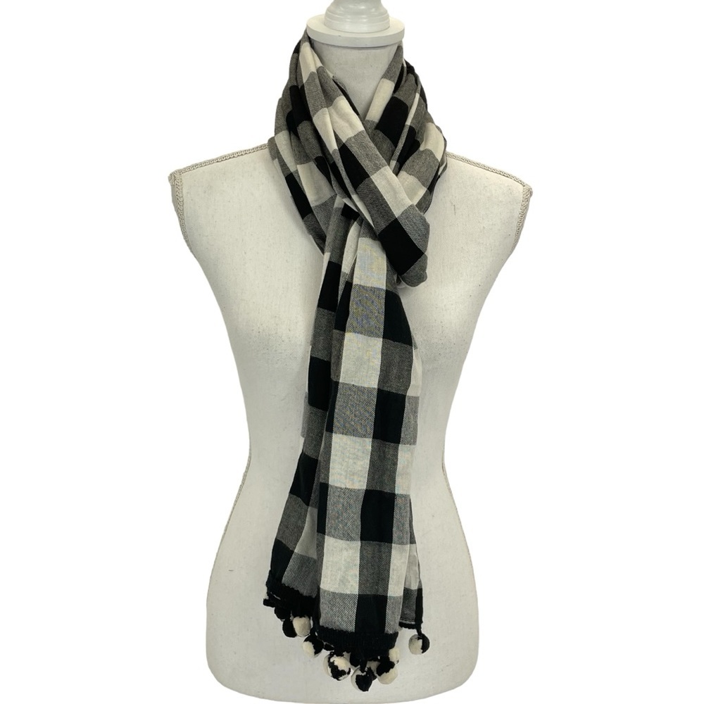 Talbots Scarf Wrap Plaid with Pompoms OS Black & White